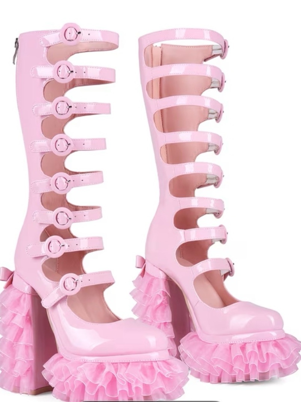 Pink High-Platform Ruffle Strap Knee Pump/Boot